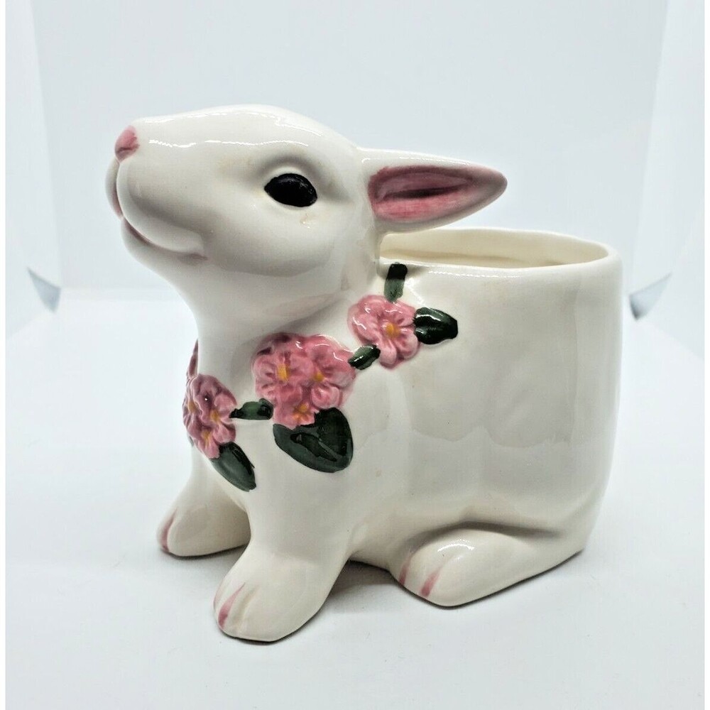 BloomRite Easter Bunny Hand Painted Pink Roses Ceramic  Planter Vintage Easter